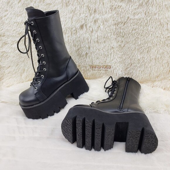 Ashes Black Matte Platform Goth Punk Mid Calf Combat Boots - Picture 7 of 14